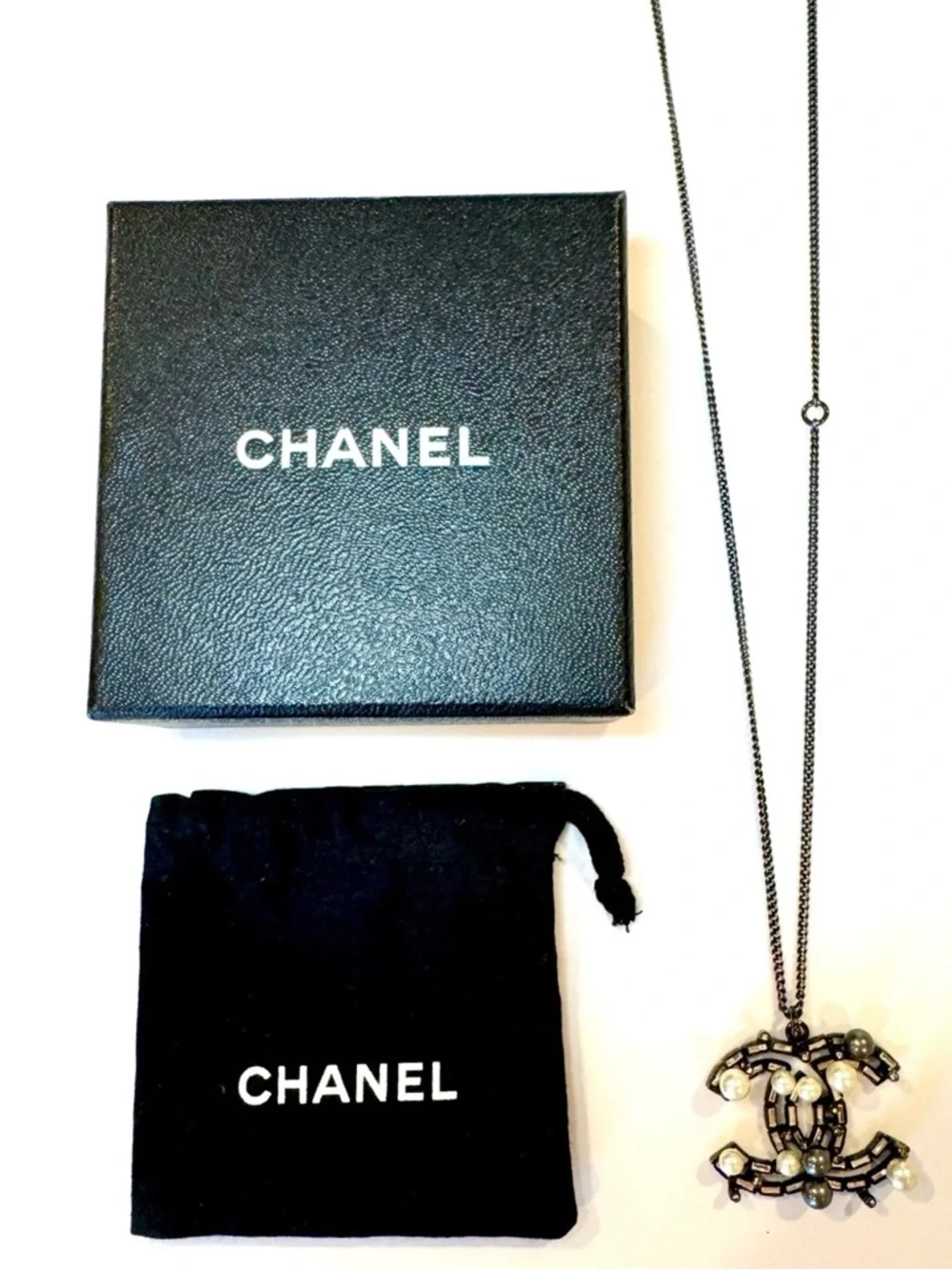 Rare Chanel Crystal Baguette & Pearl CC Logo Pendant Long Statement Necklace